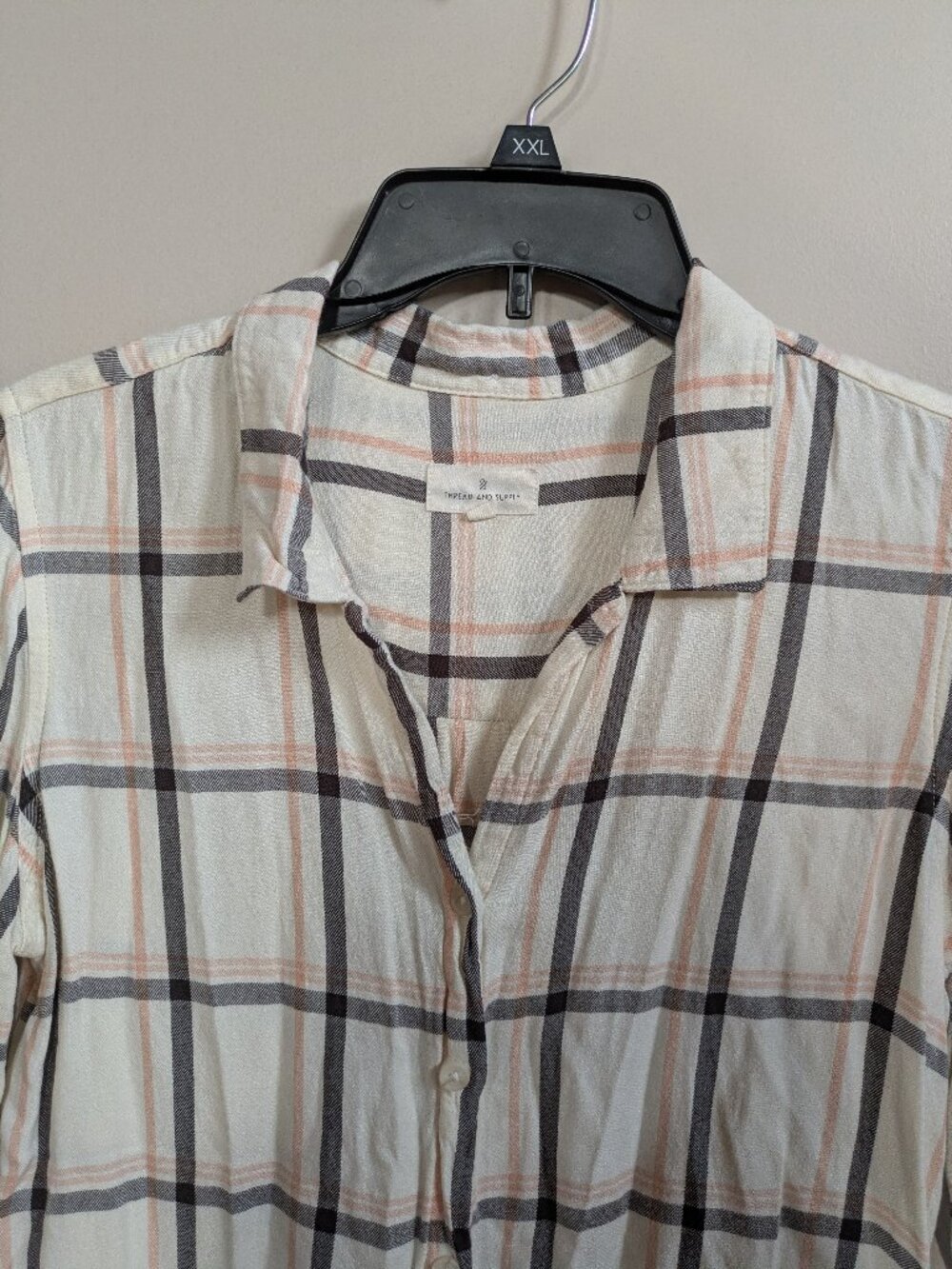 thread & supply flannel shirt viscose long sleeve ivory pink black size S #537 - Picture 1 of 6